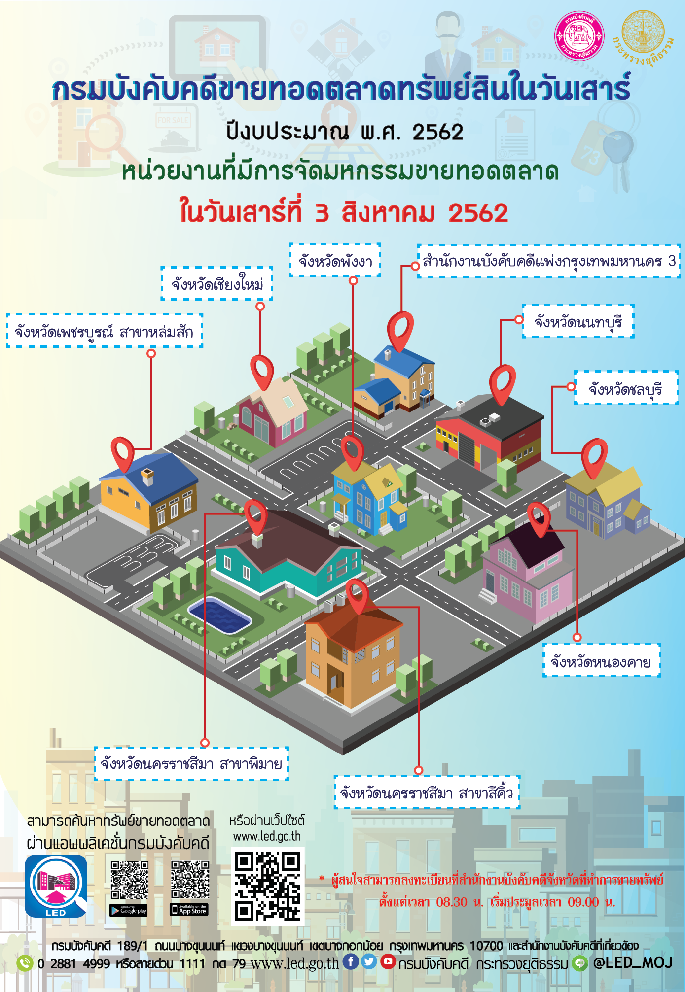 ﻿กรมบังคับคดีจัดการขายทอดตลาดทรัพย์สินทุกวันเสาร์ สำหรับเดือนสิงหาคม  2562